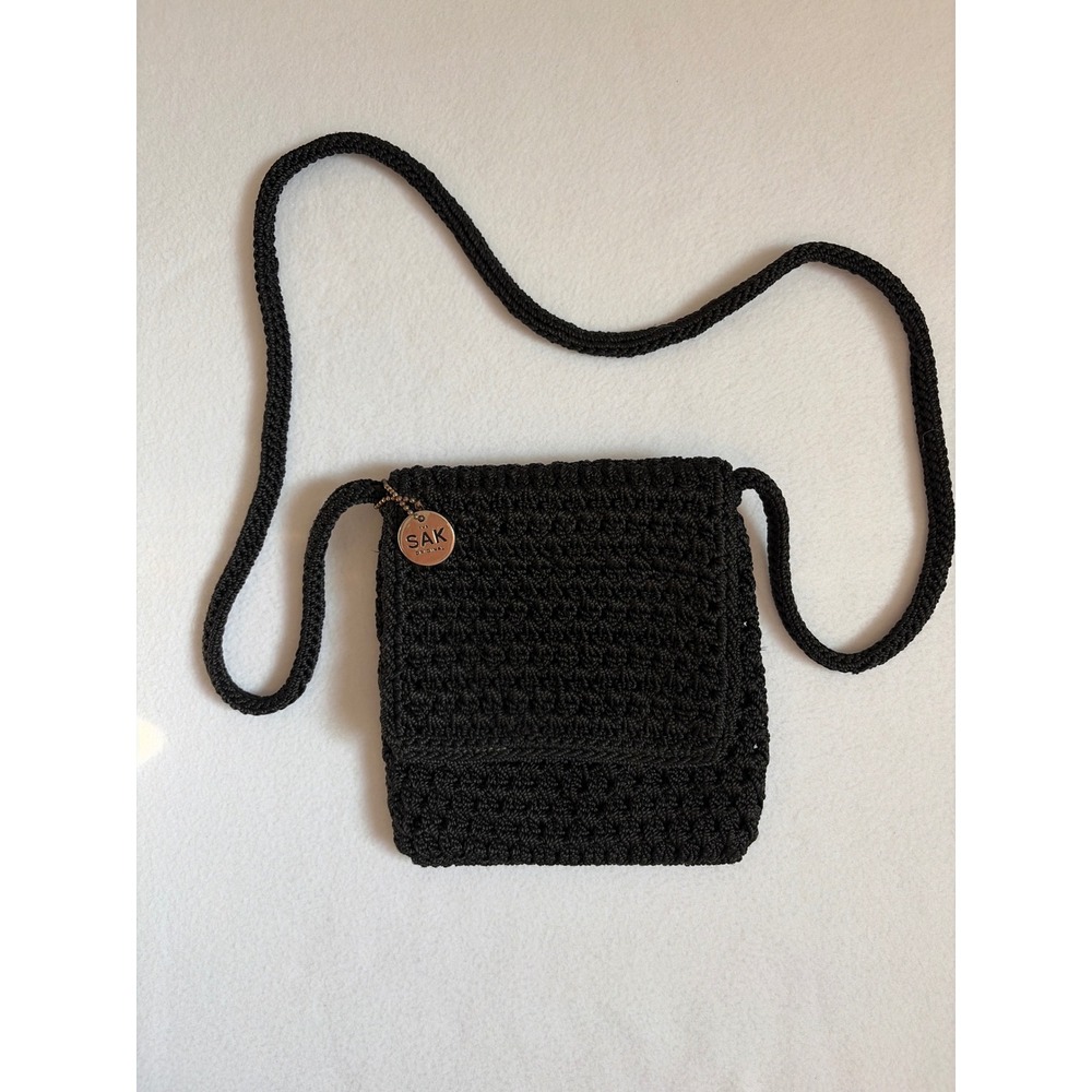 The Sak Original Black Crochet Crossbody Bag Small Knit Flap Purse Silver Logo